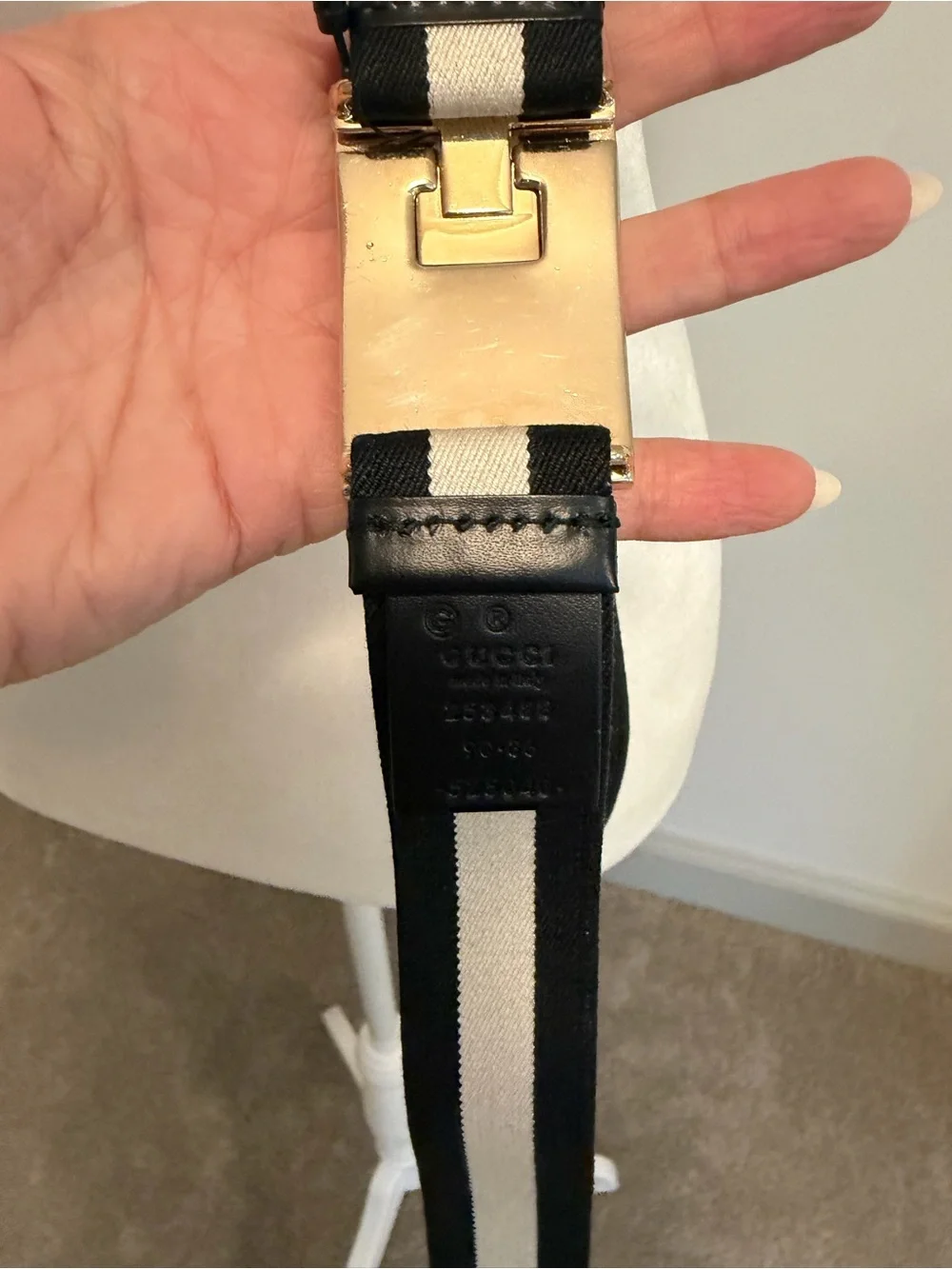 Gucci Black Ivory Canvas Web Belt Gold Tone Square Buckle Size 90 36 Vintage